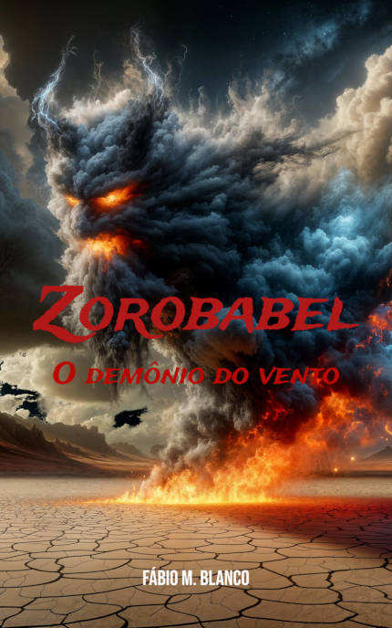 Capa do livro "Zorobabel: O demônio do vento" exibindo um demônio de fumaça saindo das labaredas de um fogo sobre um chão ressecado craquelado.